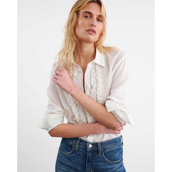 Nili Lotan Nathael Shirt Tunic Top Buttondown Ruffle Cotton Ivory XL NEW 283653 - Picture 2 of 10